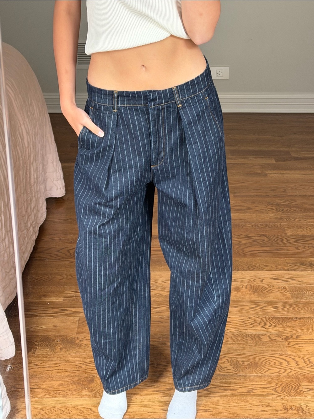 Zara Navy Pinstripe Wide Leg Jeans